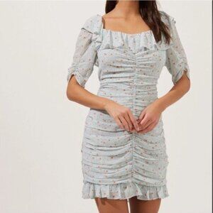 ASTR the Label Ditsy Floral Ruched Mini Dress Teal XL‎